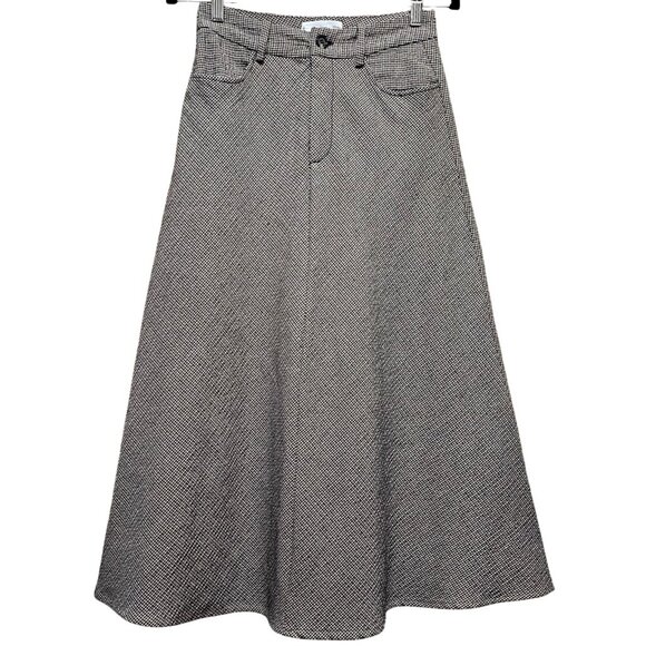 MNG Black & White Houndstooth A-Line Midi Skirt With Front & Back Pockets Button - Picture 1 of 9